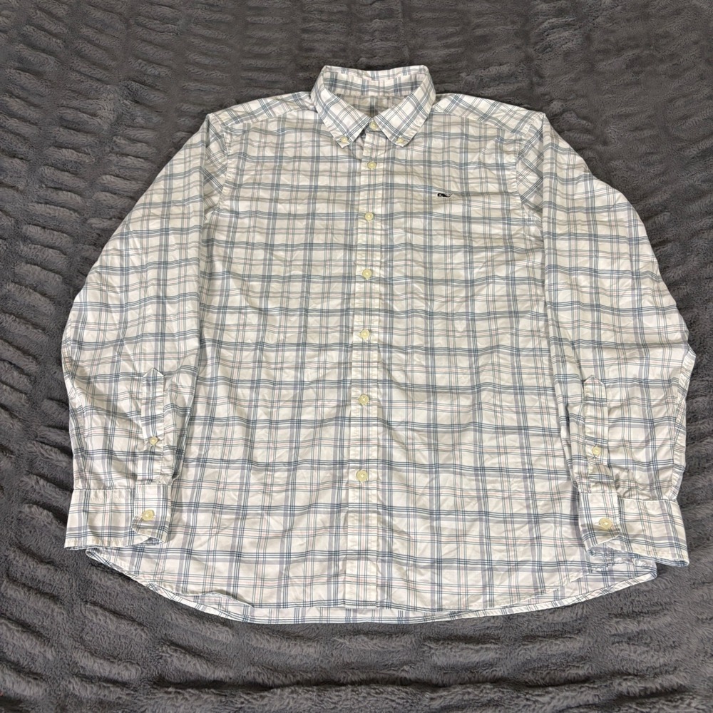 Vineyard Vines Performance Classic Fit Whale Shirt Mens Large Plaid Pink Blue